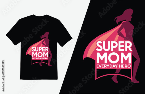 Vibrant supermom t-shirt design with heroic female silhouette and colourful cape