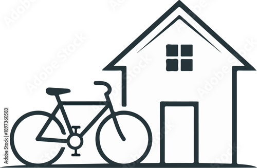 A simple outline graphic of a house with a bicycle parked in front, symbolizing home and active transport