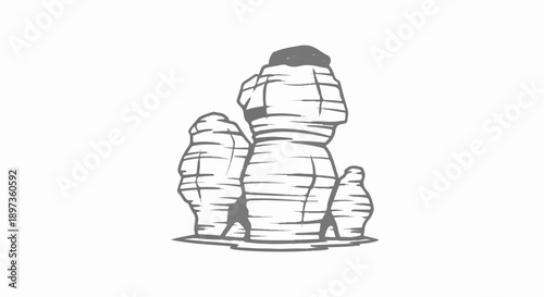 A grayscale cartoon-style illustration features a cluster of three distinct rock formations, stacked and textured