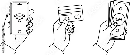 Payment methods hand icons, holding smartphone credit card cash, digital finance fintech transaction concept, isolated outline vector illustration set design