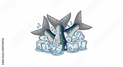 A vibrant digital illustration showcasing three fish tails emerging from a cool pile of ice cubes with bubbles