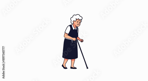 A simply illustrated elderly woman with white hair and a dark dress walks with the aid of a cane