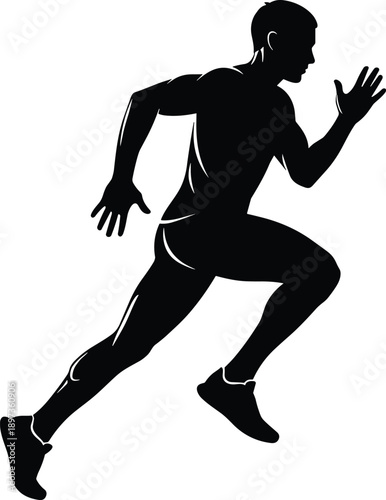 Athletic male runner silhouette sprinting in dynamic motion, fitness training and sports performance concept showing speed strength endurance, isolated on white background illustration