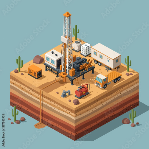 Isometric Oil Drilling Rig and Exploration Site in Desert Landscape.