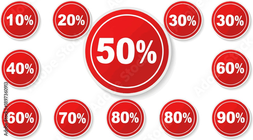 A grid of red circular discount stickers with white percentage numbers, ranging from 10% to 90%
