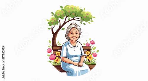 A smiling elderly woman with grey hair sits on a park bench under a leafy tree surrounded by colorful flowers