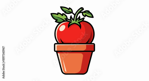 A vibrant red tomato fruit with green leaves growing in a terracotta-colored pot on a white background