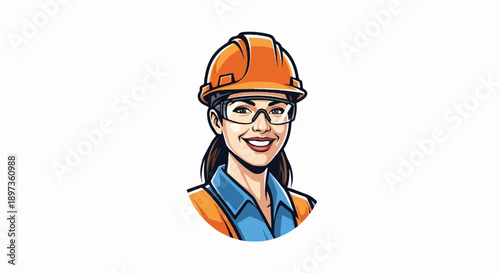 A smiling female construction worker in an orange hard hat and safety glasses, cartoon style