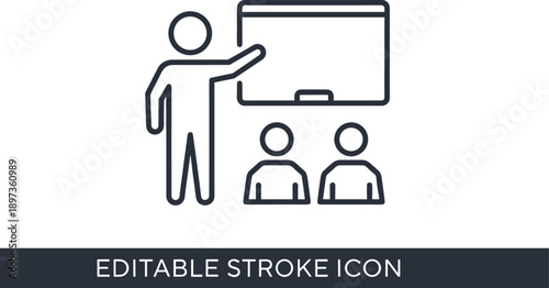 Teacher presentation icon, classroom education concept, instructor teaching students, training seminar lesson illustration, editable stroke outline vector black white design