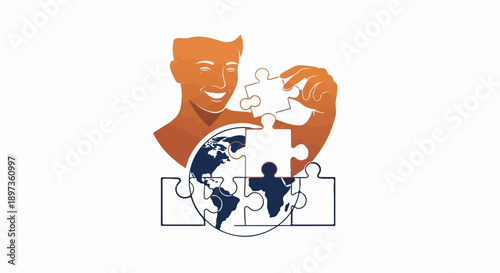 A smiling person places a puzzle piece into a globe made of puzzle pieces, symbolizing global unity