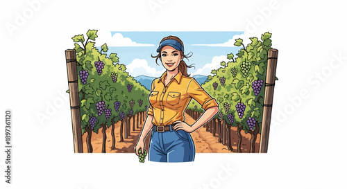A smiling woman stands in a vibrant vineyard, holding a bunch of green grapes under a clear sky