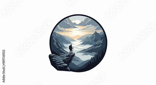A solitary hiker stands on a cliff overlooking a misty mountain valley at sunrise in a pixel art style