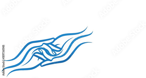 Abstract blue brushstrokes forming wave-like patterns and subtle human hand shapes on a pristine white background