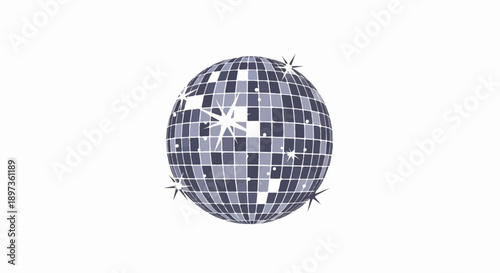 A sparkling disco ball with reflective squares and bright starbursts on a clean white background