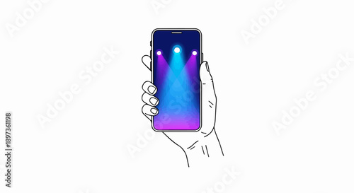 A hand holds a smartphone displaying a vibrant screen with three spotlights emitting blue and purple light