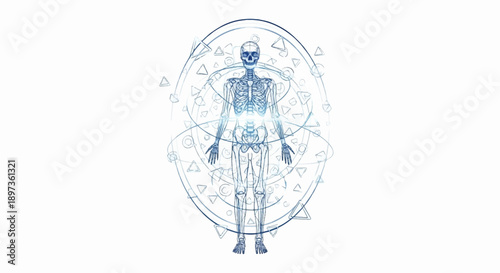Abstract blue human skeleton radiating light, encircled by geometric shapes and mystic rings on white