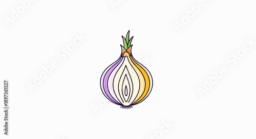 A vibrant hand-drawn illustration of an onion, vertically sliced in half, revealing its colorful inner layers and green sprout