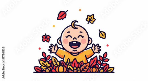 A happy baby illustration enjoying autumn leaves and pumpkins, celebrating fall