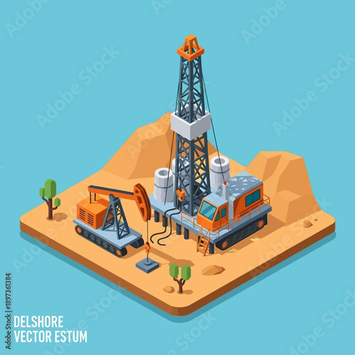 Isometric Oil Drilling Rig and Pump Jack on Desert Landscape.