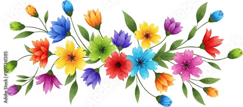 A vibrant horizontal cluster of watercolor-style flowers and buds in various colors with green leaves