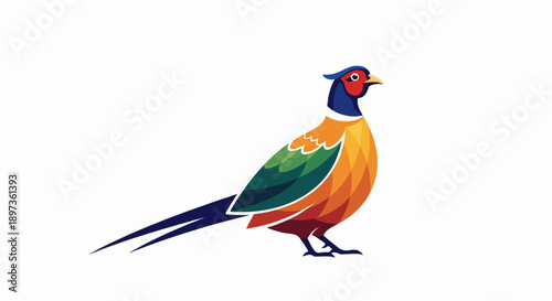 A vibrant, stylized pheasant illustration in profile with colorful, geometric patterned plumage standing on white