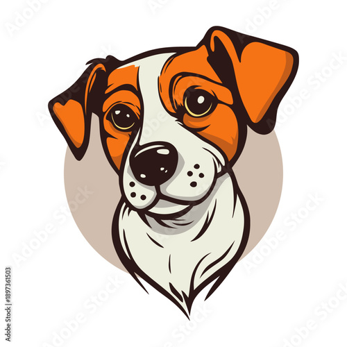 Adorable cartoon illustration portrait of a friendly Jack Russell Terrier dog head featuring orange and white markings presented as a charming mascot design element suitable for various media applicat