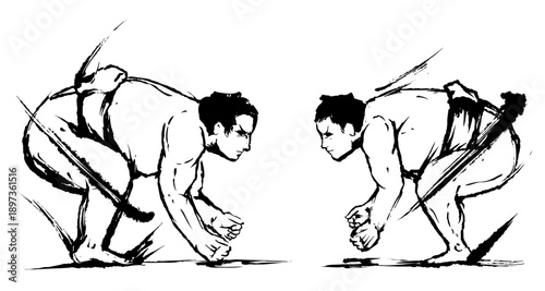 Sumo Wrestlers Face-Off – Sumi Ink Illustration