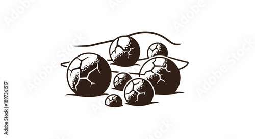 Abstract monochrome illustration of cracked spheres with dotted textures, nestled amidst wavy lines