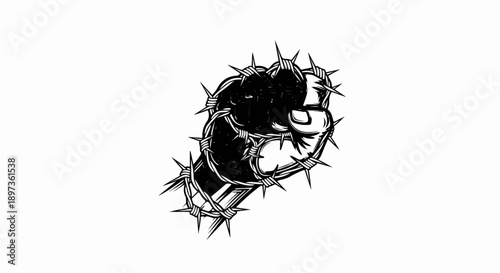 A stark black and white illustration of a clenched fist tightly bound by sharp barbed wire, isolated