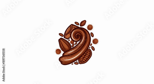Abstract chocolate swirl design with cocoa beans, pods, and powder on a white background