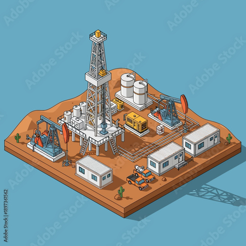 Isometric Oil Drilling Rig and Pump Jacks in Desert Landscape.