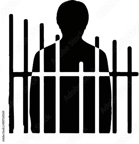 A stark black silhouette of a human figure standing behind the restricting bars of a jail or prison cell