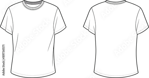 Minimalist blank t shirt front and back view technical flat sketch for apparel design mockup fashion template illustrationMinimalist blank t shirt front and back view technical flat