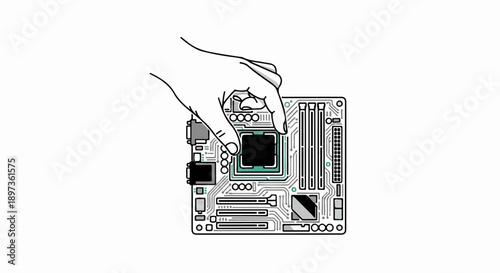 A human hand carefully places a computer processor onto a complex circuit board, detailing assembly
