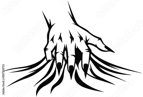 A striking black and white illustration of a menacing hand with long, sharp fingernails and tribal-like extensions
