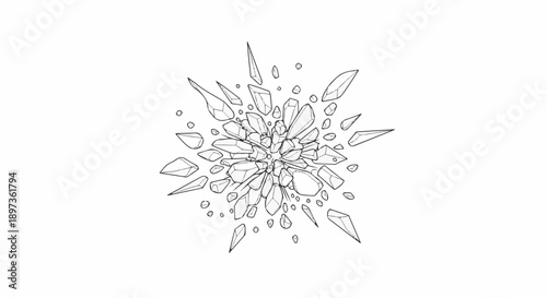Abstract outline drawing of fragmented geometric shapes bursting outwards, resembling shattered ice or glass
