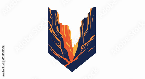 Abstract deep canyon illustration in dark blue with warm orange and yellow light, shaped like an arrow
