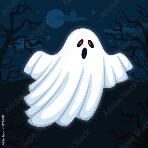 Spooky cartoon ghost floating mysteriously through a dark night sky filled with bare spooky tree silhouettes and a pale glowing moon during the scary season.