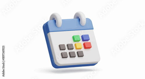 A stylized 3D rendered calendar icon with a blue top, white pages, and colorful event markers