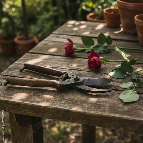 Vintage gardening shears and freshly cut red roses on a rustic wooden table in a sunlit garden
