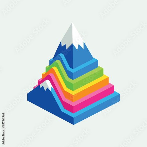 Vibrant Isometric Mountain with Colorful Layered Steps and Wavy Path