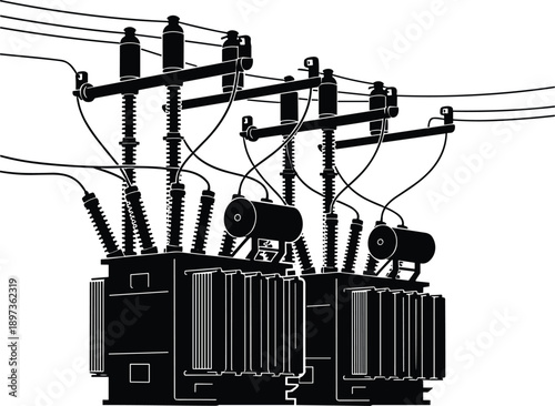 High voltage electrical transformers with insulators and overhead power lines, isolated on white background for electricity distribution and substation concepts