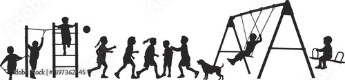 Children playground silhouettes playing together, kids running, climbing and swinging, outdoor park activities, childhood fun scenes isolated on white background