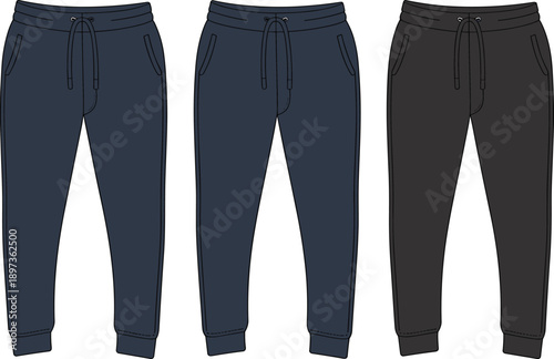 Men jogger pants color variations flat design showing casual sportswear trousers collection for fashion apparel mockup templateMen jogger pants color variations flat design showing 