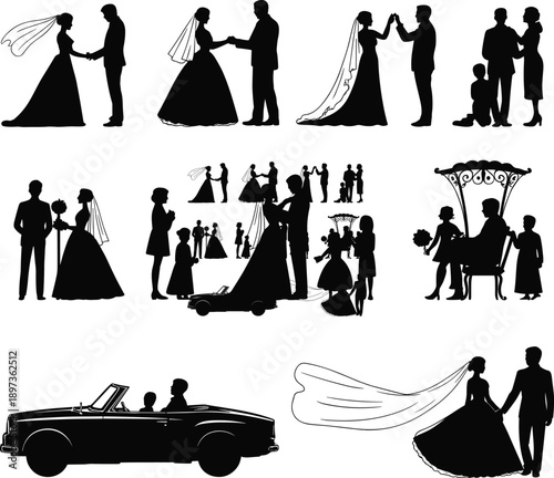 Elegant wedding silhouette collection showing bride and groom moments, ceremony, family scenes, romantic marriage poses, love story illustrations, and classic wedding transportation