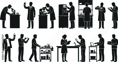 Laboratory scientist silhouettes set showing researchers conducting experiments analysis and testing in medical and chemical research environments isolated on white background vector illustration