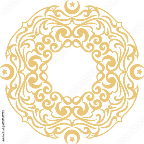 Elegant golden circular design with intricate patterns and moon and star symbols