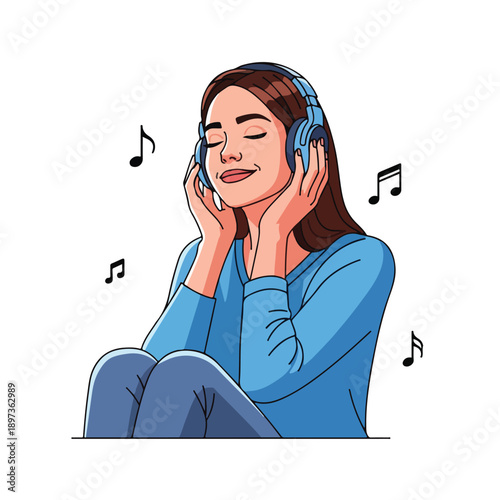 Relaxed young woman enjoying music with headphones, eyes closed in peaceful bliss