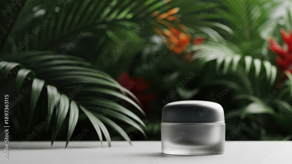 Fototapeta premium Cosmetic cream jar on white table with lush tropical greenery background, skincare product display