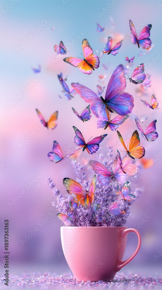 Obraz premium Butterflies emerging from lavender in pink cup